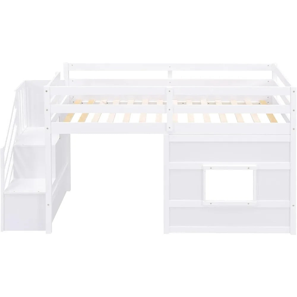 Twin-Size Loft Bed with Storage, Steps, and Spacious Underbed Area for Teens and Children, Solid Wood Construction, Full-Size