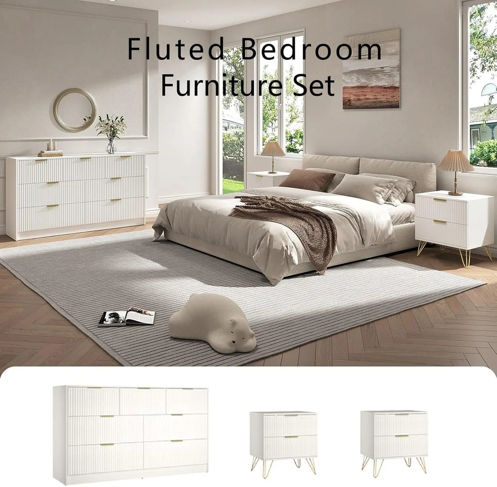Mid-Century 3-Piece Bedroom Furniture Set: 2-Nightstands and 7-Drawer Dresser with Gold Hardware