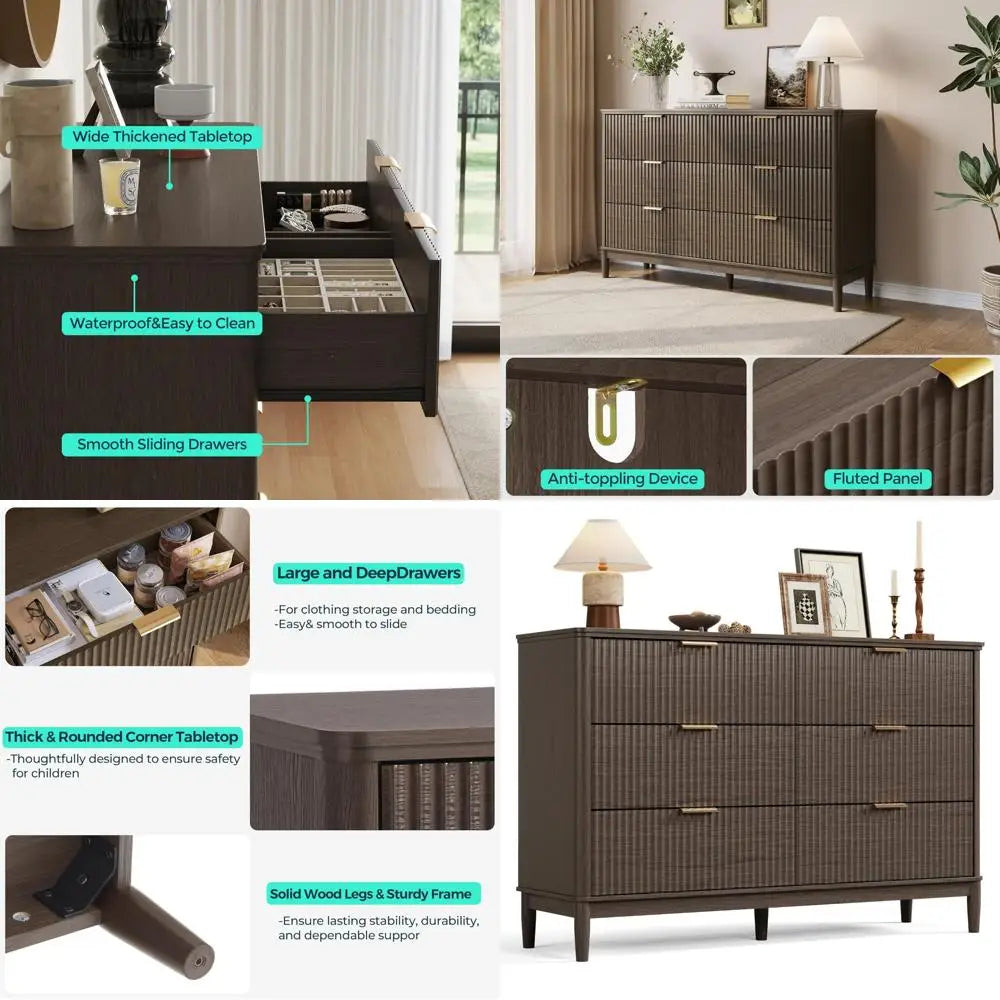 Customizable Contemporary Fluted Wood Dresser With Gold Hardware For Storage