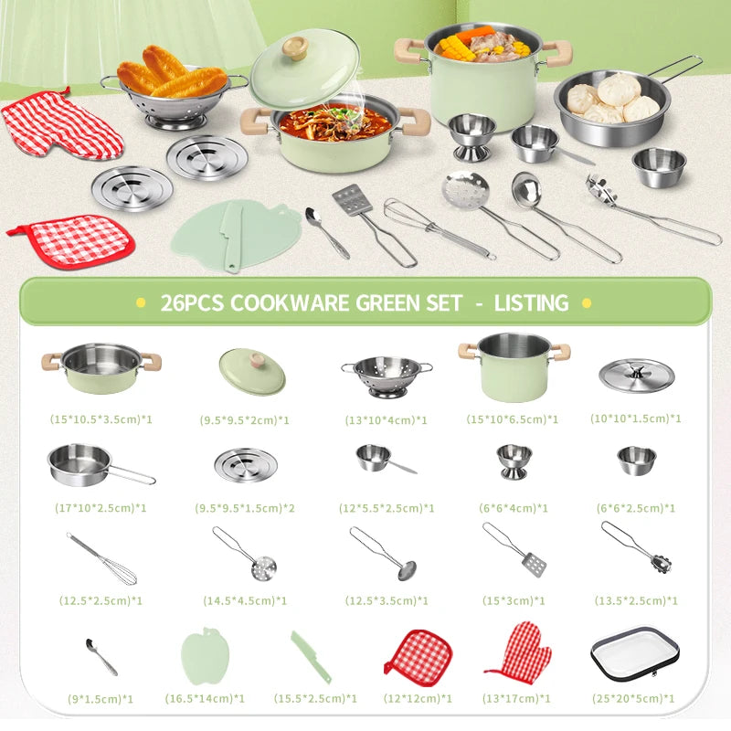 Children's Kitchen Cookware Set/ Play Kitchen Cooking Accessories/ Pots, Wood, Stainless Steel with Food for Kids