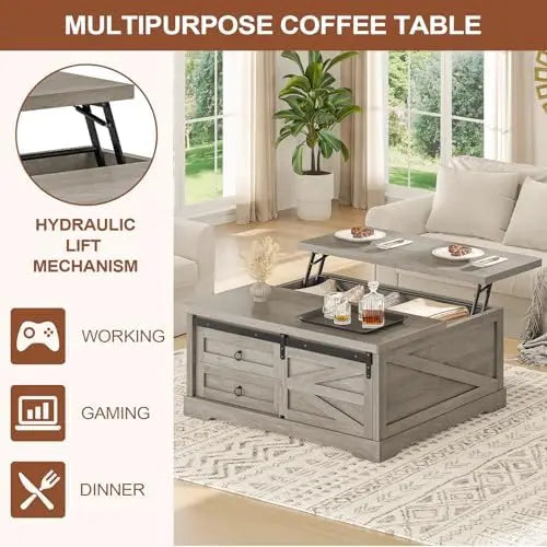Lift Top Coffee Table with Storage, Farmhouse Style, Gray