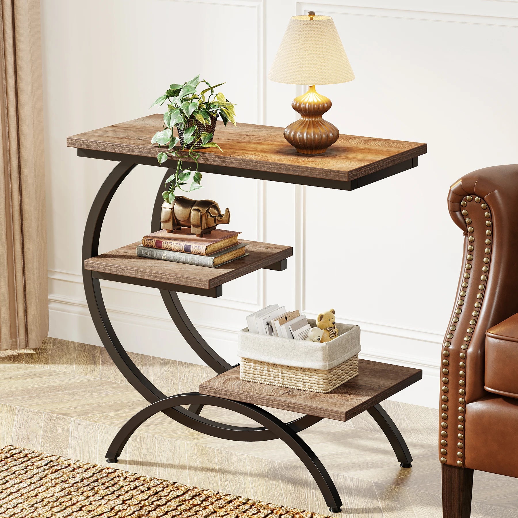 Tribesigns C-Shaped End Table, Industrial 3-Tier Small Table for Couch, Wood Bedside Table Snack Table with Storage Shelves