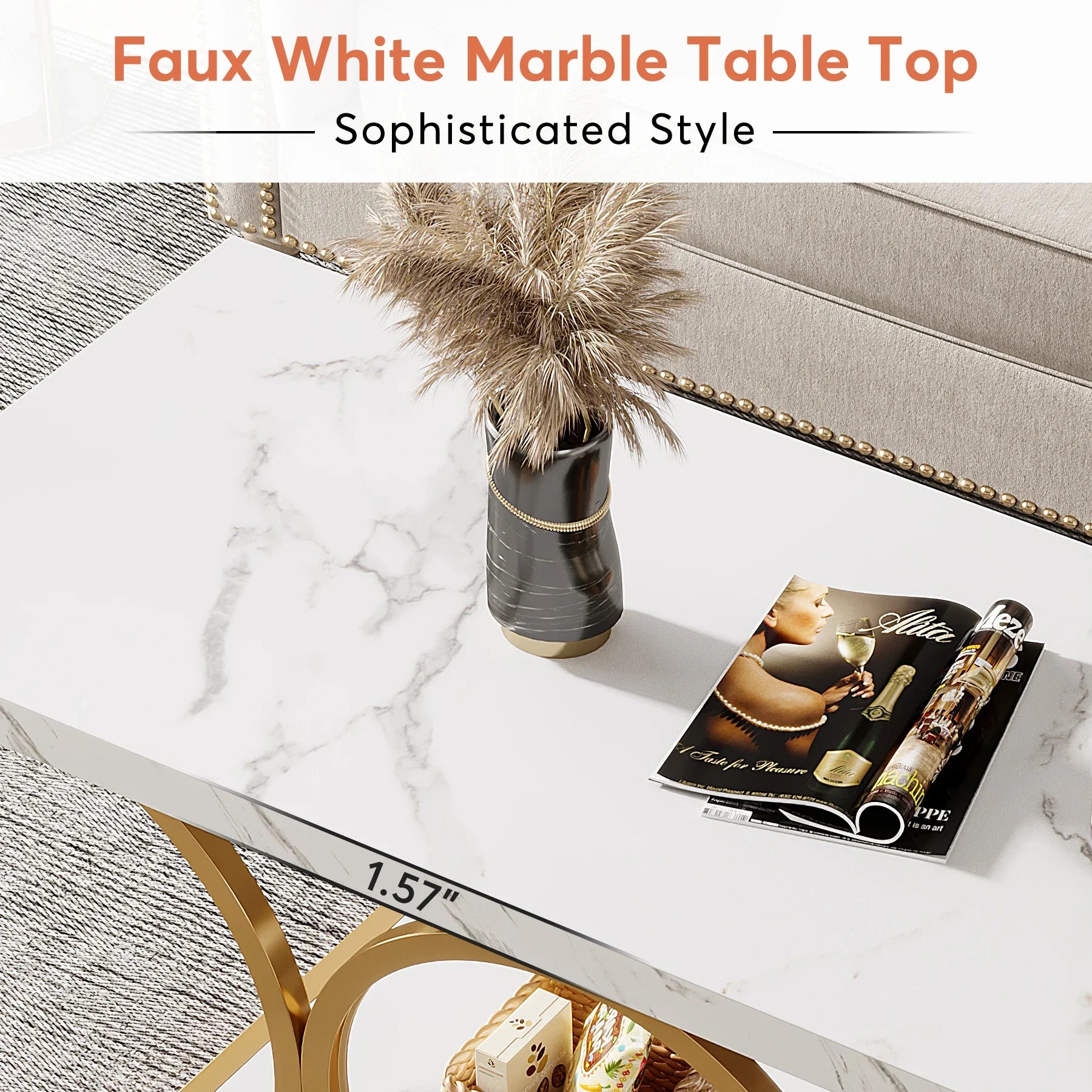 Rectangle Coffee Table, 2-Tier Faux Marble Wood