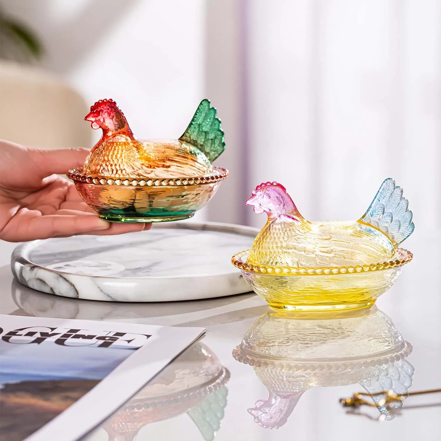 Palm Sized Crystal Glass Hen On Nest Dish With Lid/ Mini Storage Jar/ Jewelry Organizer/ Trinket/ Candy Container/ Desktop/ Vanity Decor Holiday Gift