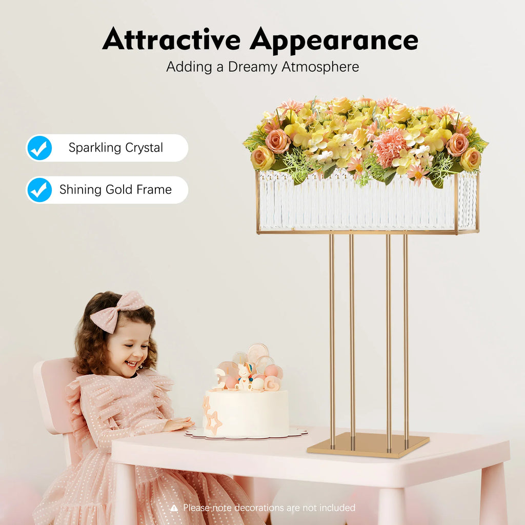 Gold Electroplated Iron Crystal Wedding Flower Stand 70×90cm DIY Floral Arrangement Holder Floor Tabletop Dual Use Crystal Chandelier Stand
