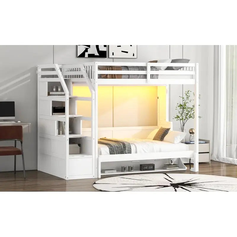 Full XL Loft Bed with Storage Staircase and Murphy Bed, LED Light, White Finish