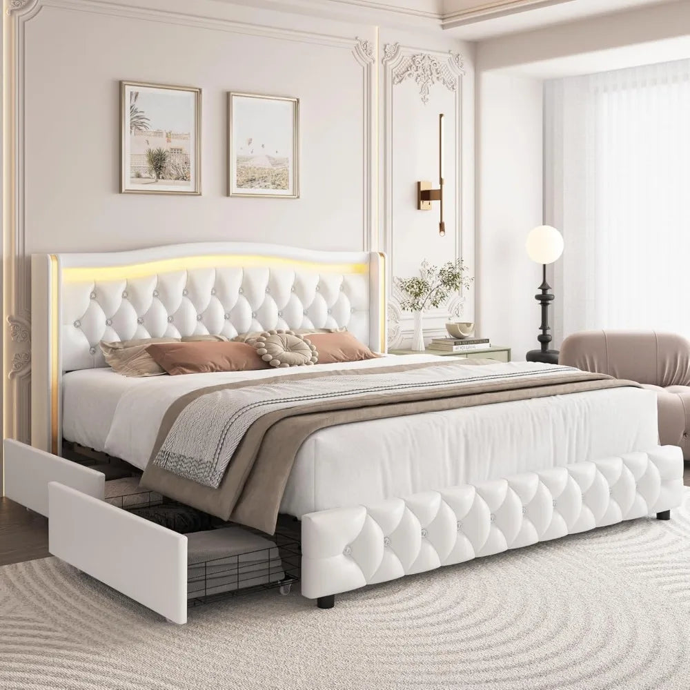 Full Smart LED Platform Bed Frame with 4 Storage Drawers
