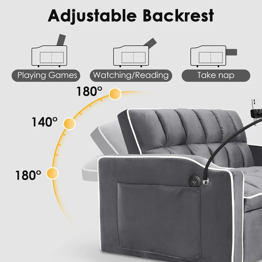 Convertible Sofa Bed, Sleeper Sofa with Side Pocket, Adjustable Backrest, Living Room Sofa with Phone Holder, Pull Out Couch