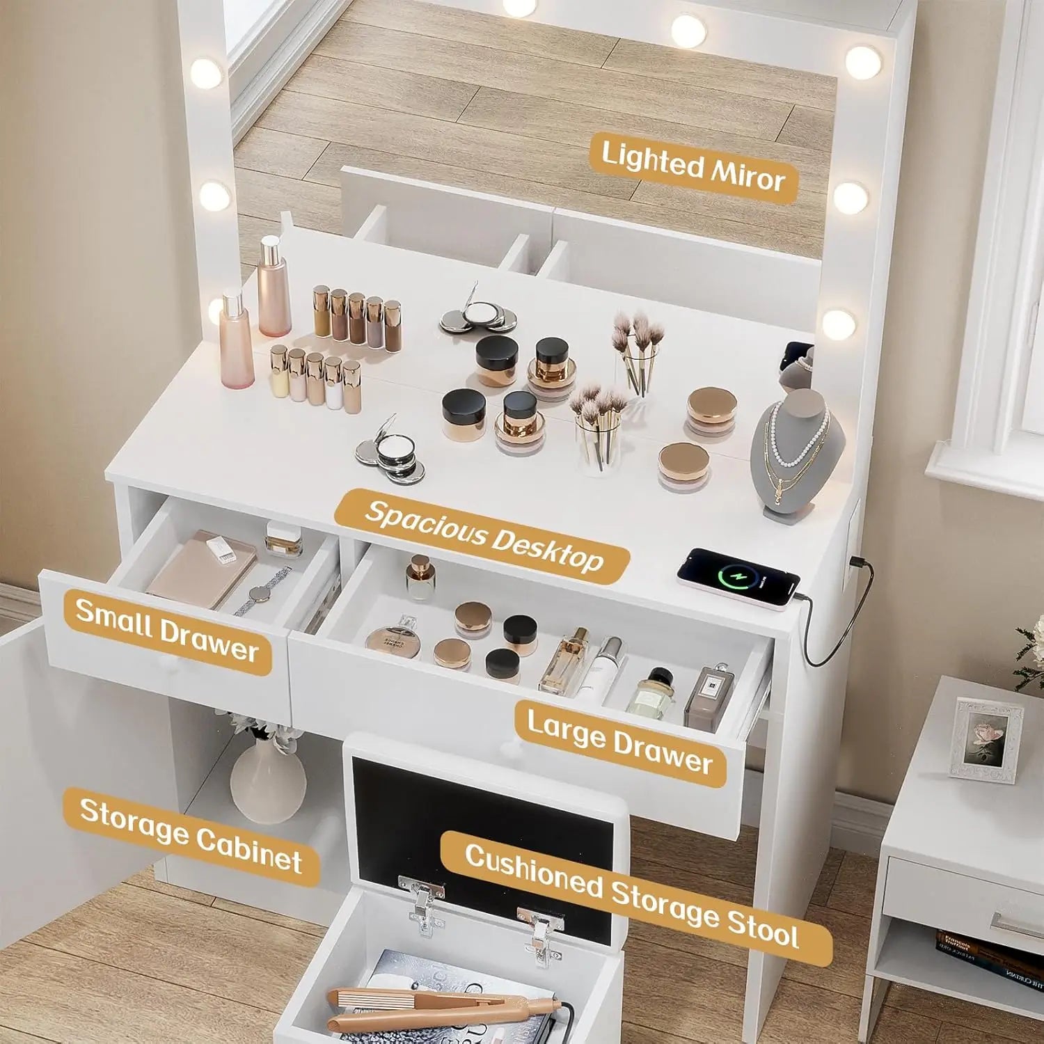 Vanity Desk with Mirror and Lights, White with Power Outlet and 3 Color Light Modes