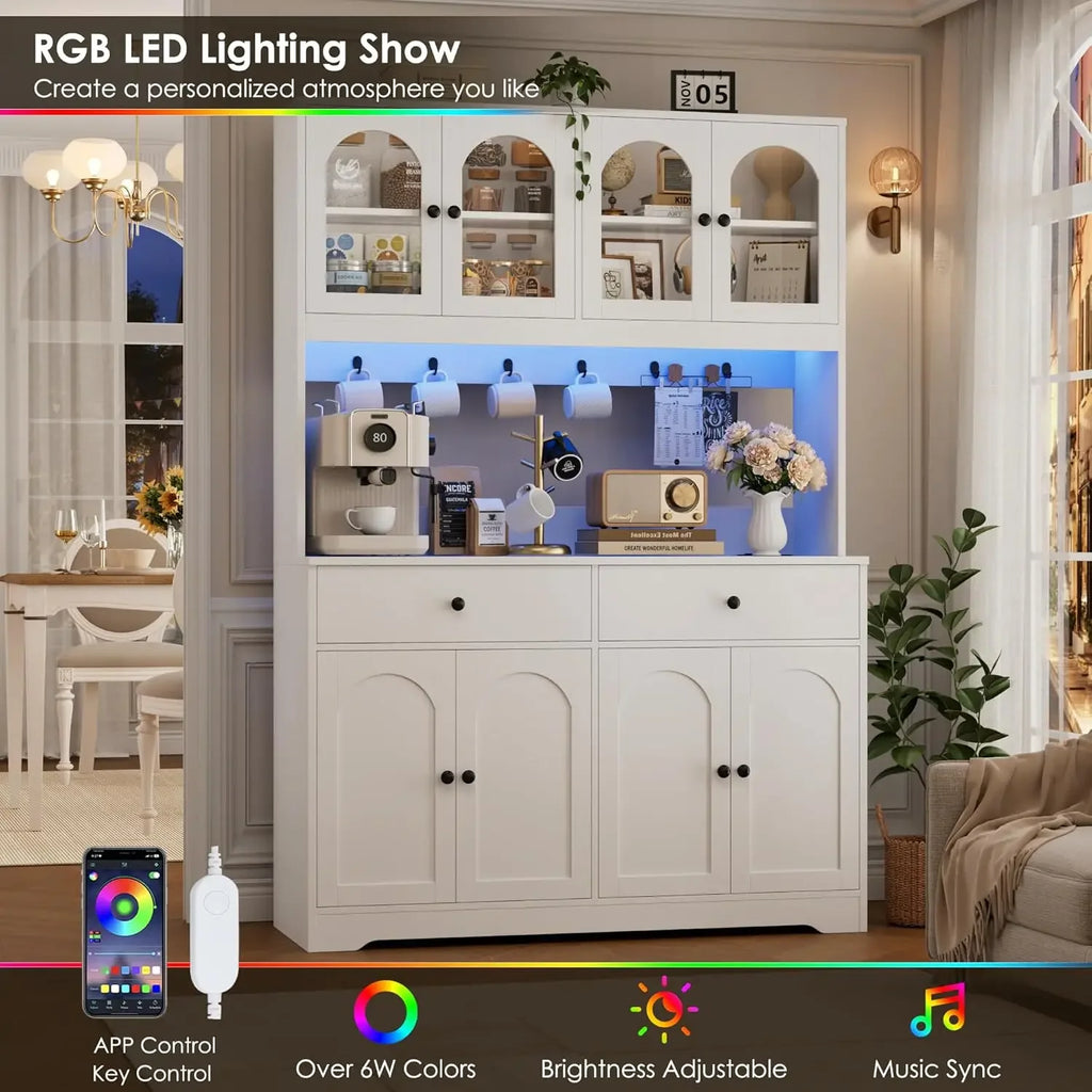 71" LED Kitchen Pantry Cabinet with Power Outlet, Large Kitchen Hutch Storage Cabinet with Arched Door & Shelves, 2 Drawers