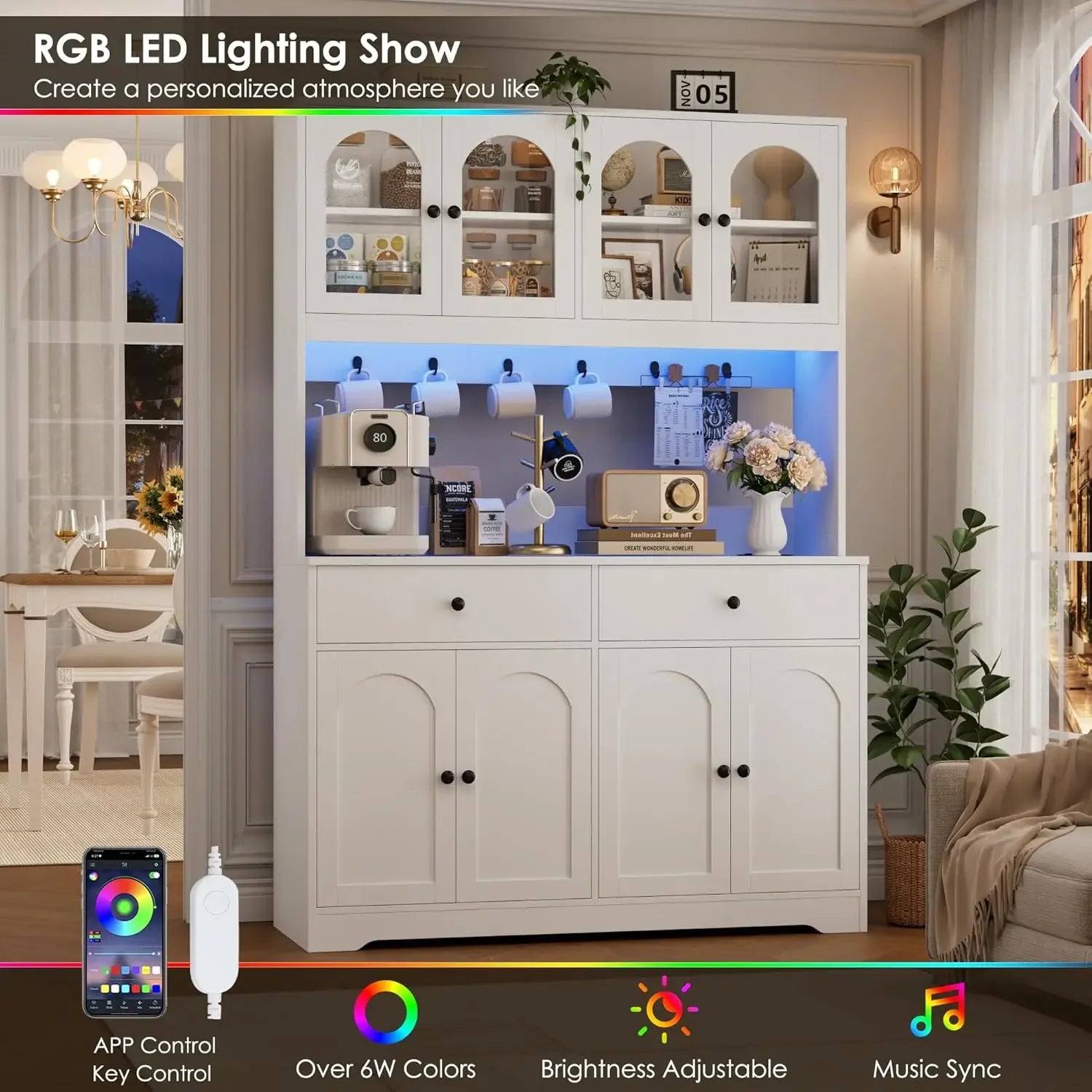 71" LED Kitchen Pantry Cabinet with Power Outlet, Large Kitchen Hutch Storage Cabinet with Arched Door & Shelves, 2 Drawers