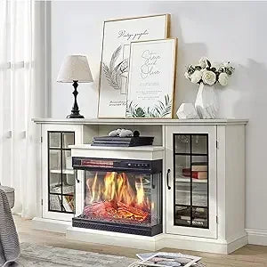 3-Sided Glass Fireplace TV Stand for TVs up to 65'' with 12 Color, Media Entertainment Center Console Table with Doors