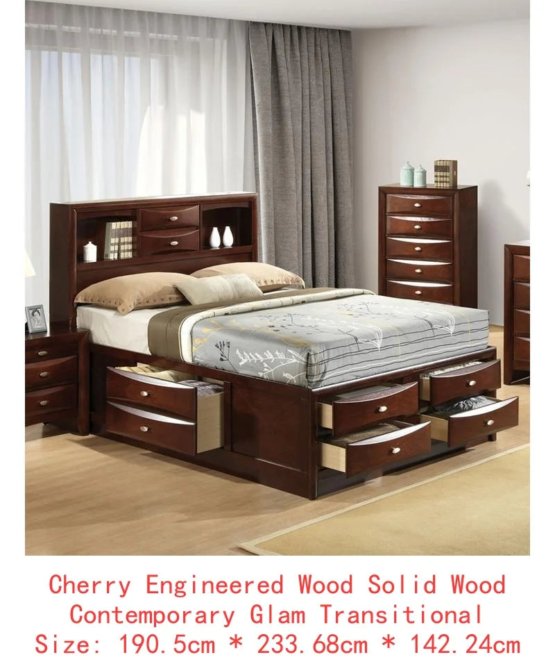 Contemporary King Size Bed with Footboard Drawers & Headboard Bookcase in Cherry Finish
