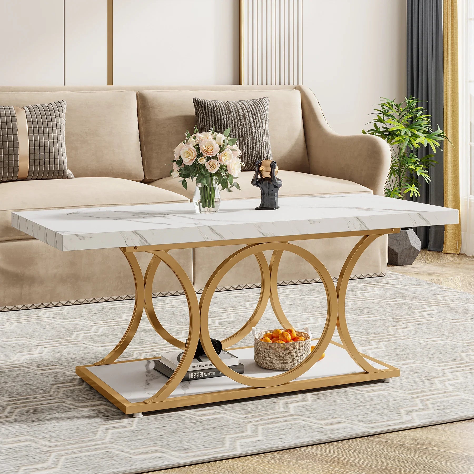 Rectangle Coffee Table, 2-Tier Faux Marble Wood