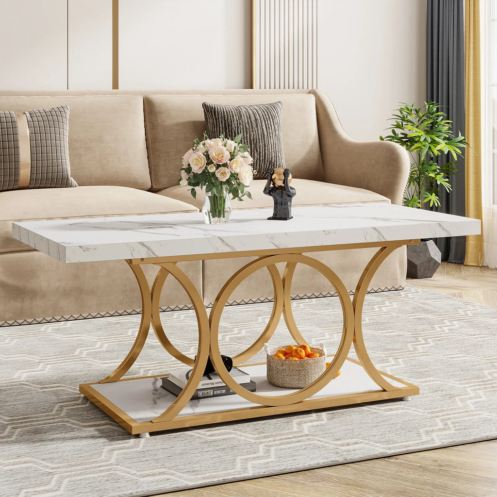 Rectangle Coffee Table, 2-Tier Faux Marble Wood