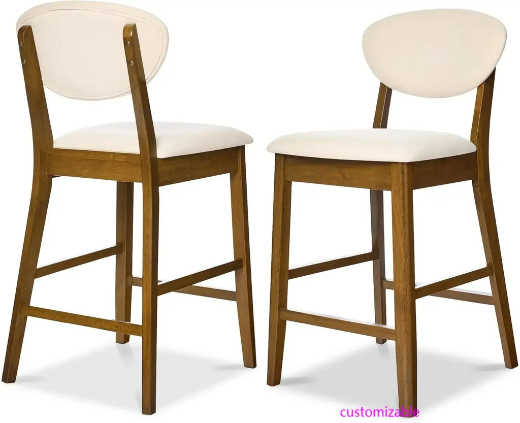 Bar Stool Set of 2, Mid-Century Modern Upholstered Wood, Armless Counter Height w/Seat Cushion, Backrest - Walnut/Cream