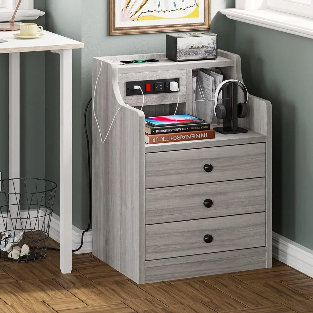 Nightstand Set 2,Gray with Charging Station & Hutch, Night Stands with Drawers