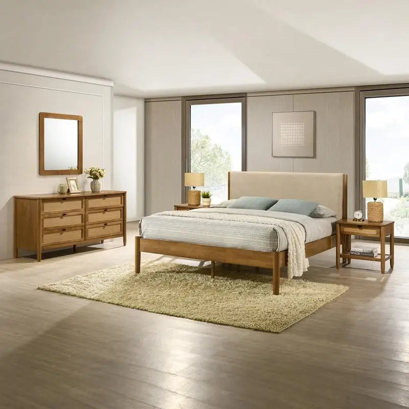 5-Piece Rubberwood Bedroom Set with Upholstered Queen Bed, Dresser, Mirror & 2 Nightstands