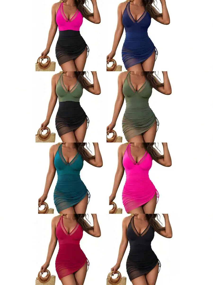 Women Monokini Swimdress Sleeveless Patchwork Solid Color Swimsuit Summer Bathing Suit