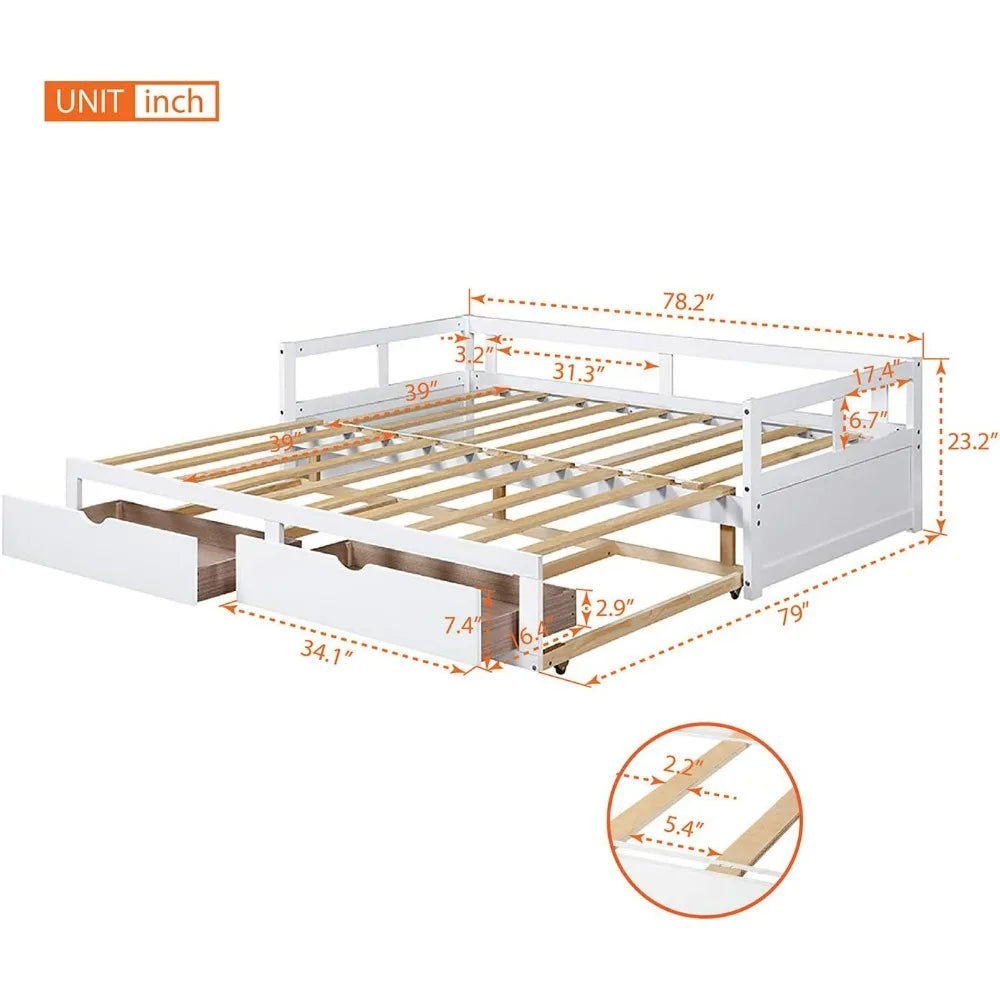 Expandable Solid Wood Daybed with Trundle and Storage Drawers, Convertible Twin to King Size Bed, Easy Assembly for Bedroom