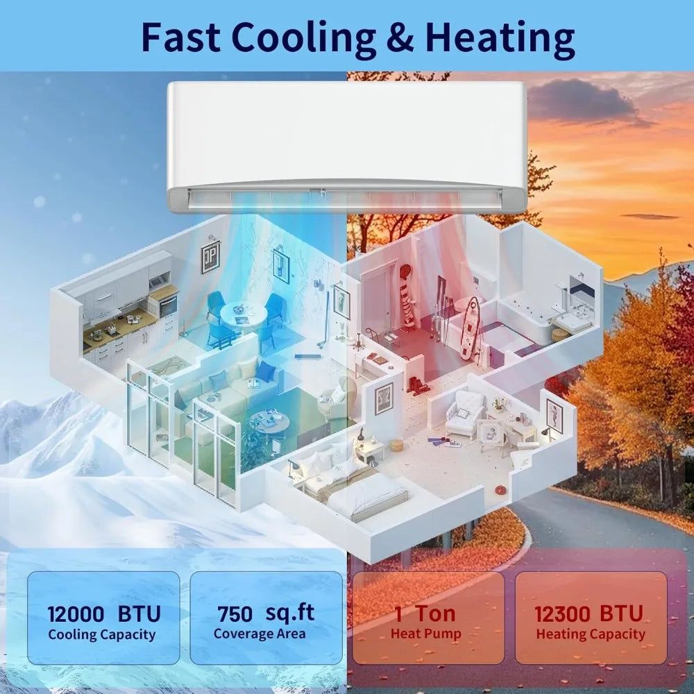 Mini Split AC/Heating System, Energy Efficient Inverter AC Unit with 1 Ton Heat Pump, 12000 BTU Air Conditioner