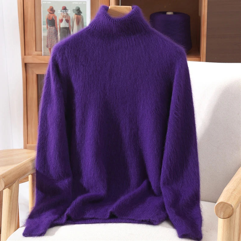Autumn And Winter 100% Mink Cashmere Sweater, Ladies' High Lapel Solid Color Padded Pullover Wool Knitted Bottoming Shirt