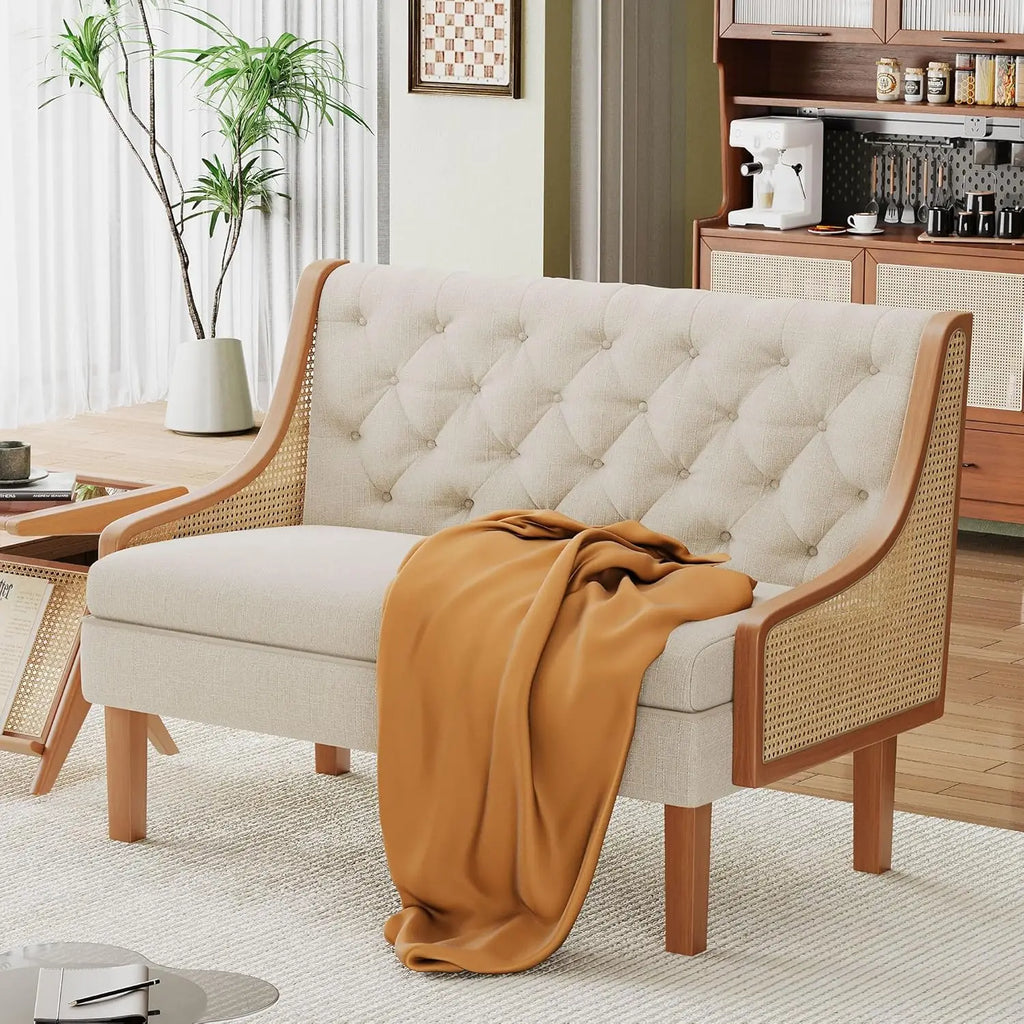 Loveseat Settee Bench with Natural Rattan Arms ,Upholstered Modern Mini Sofa Couch ,Banquette Dining Bench/Love Seat