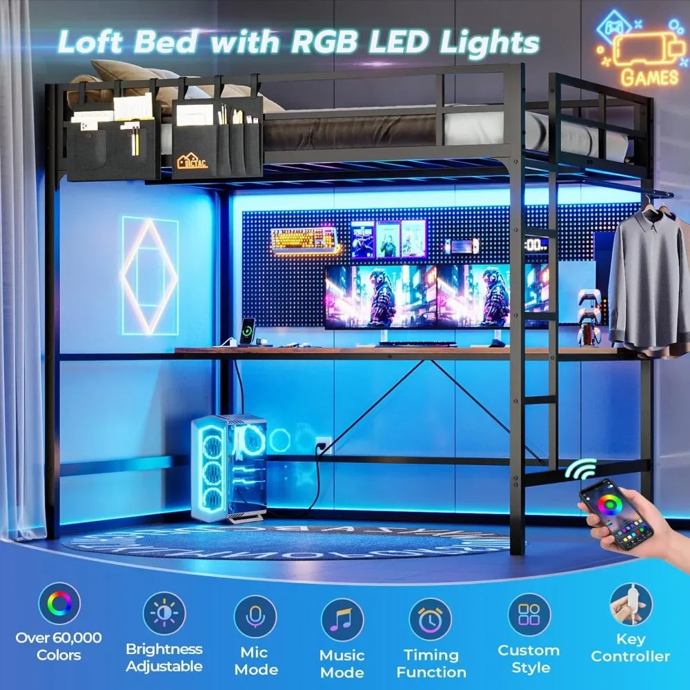 Full-Size Metal Loft Bed with Desk, LED Lighting, and Charging Station