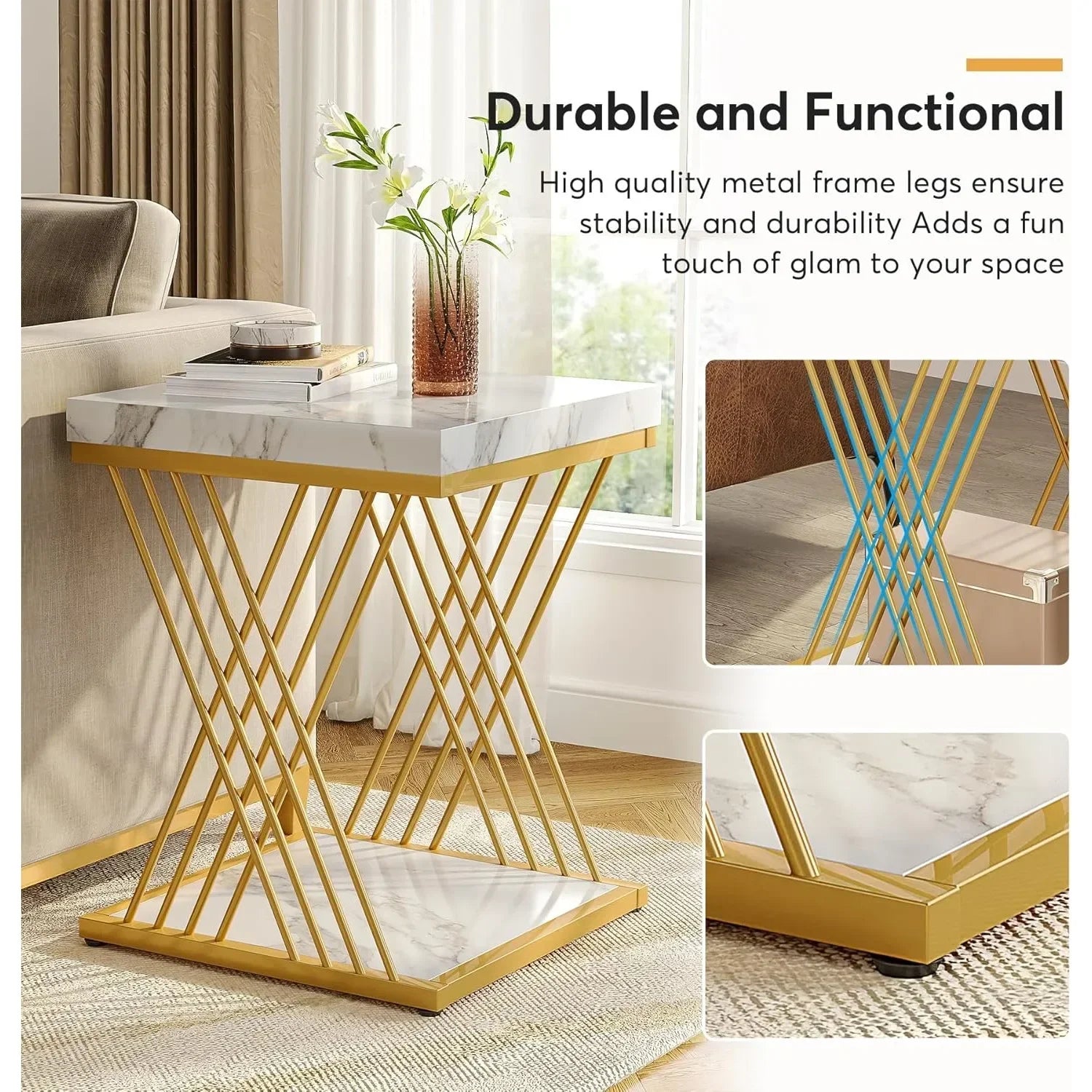 Square End Table White Gold 2-Tier Side Table Modern Small Table with Storage for Couch, Faux Marble White +Gold