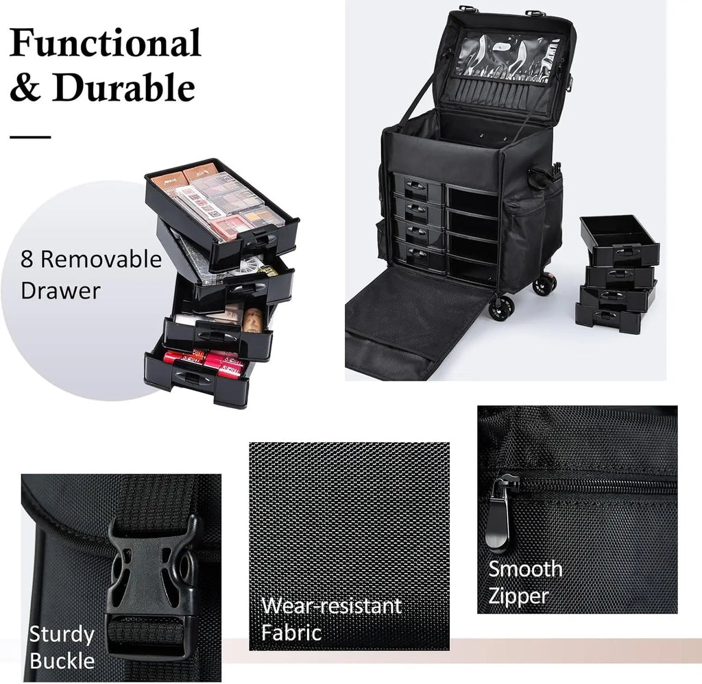 Professional Rolling Makeup Case Soft Sided Cosmetology Organizer Wheeled Nylon Train Case Portable Travel Supply Station