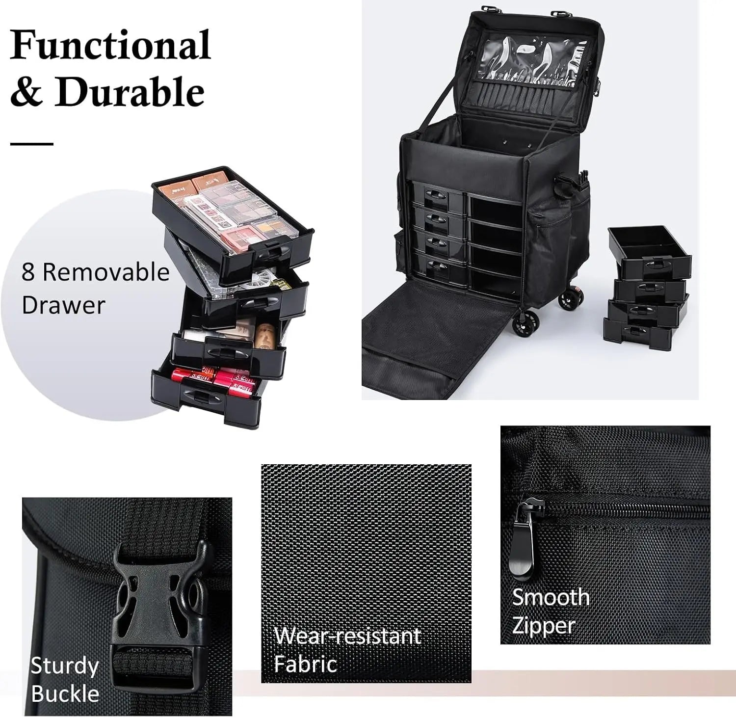 Professional Rolling Makeup Case Soft Sided Cosmetology Organizer Wheeled Nylon Train Case Portable Travel Supply Station