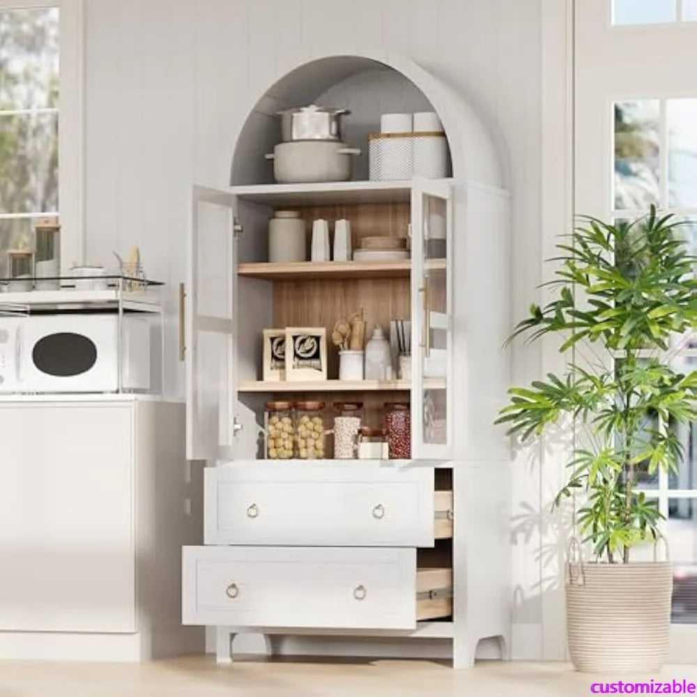 71" Tall Arched Farmhouse Style Cabinet with Glass Doors and Two Large Drawers - Adjustable Shelves for Modern Kitchen