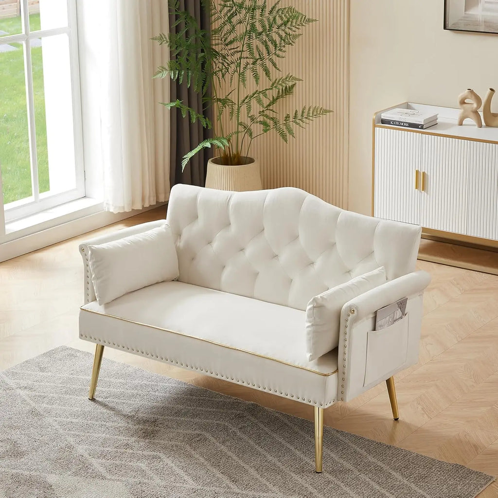55-Inch Modern Velvet Loveseat Sofa with Gold Metal Legs & Side Pockets, Tufted Backrest, Perfect for Living Room, Bedroom