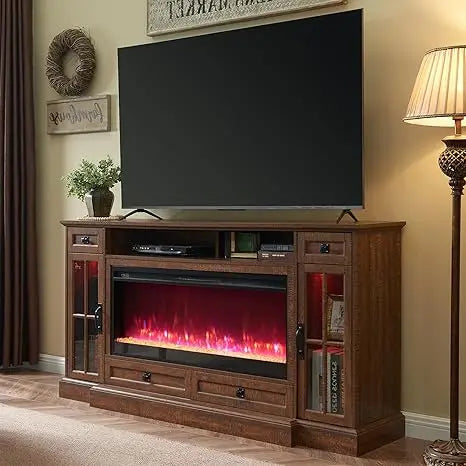 Fireplace TV Stand for 80 Inch TV, Farmhouse Entertainment Center with 42" Fireplace & LED Lights, Modern Media Console Table