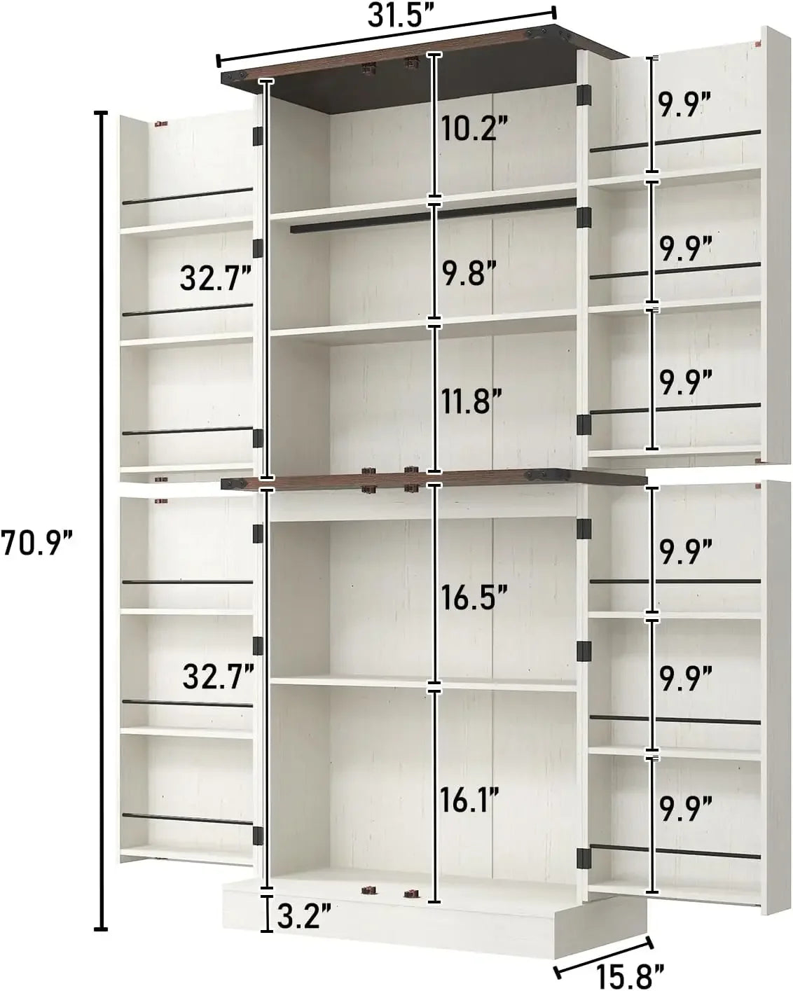 Farmhouse Kitchen Pantry Cabinet, 71" Tall Storage Cabinet with Adjustable Shelves & 4 Barn Doors & Drawer, Rustic Wood