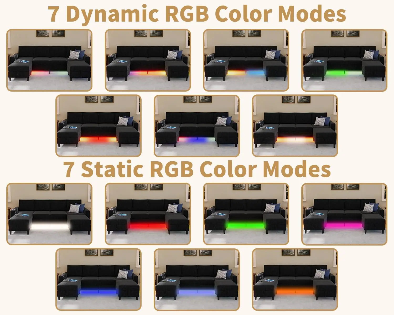 Smart Sectional Couches for Living Room, 6 Seat U/L Shaped Sectional Sofa with RGB Light/Charging,