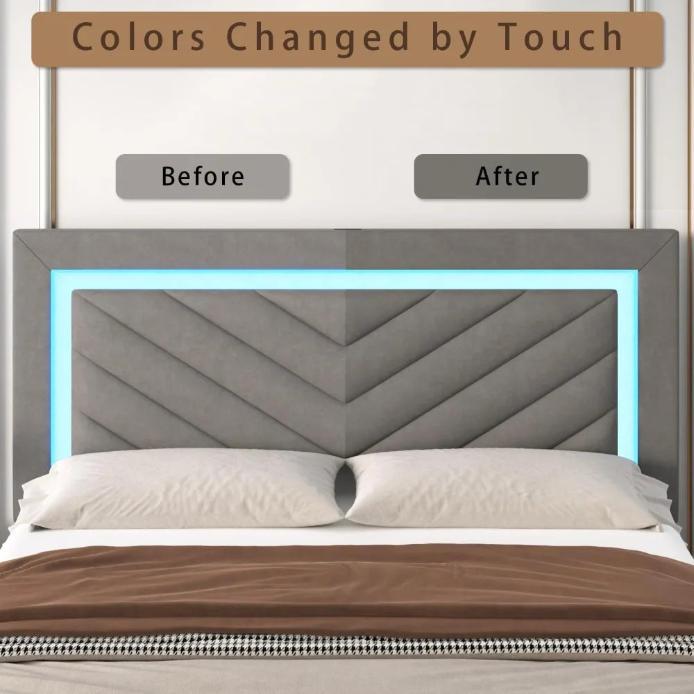 Upholstered Full Bed Frame with LED Headboard and Storage Drawer, with Charging Station,