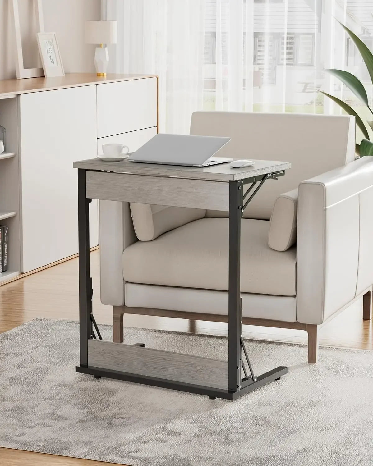 24" Wide Folding C-Shaped End Table, Small Side Desk for Couch, Sofa TV Tray Table with Metal Frame for Living Room, Bedroom