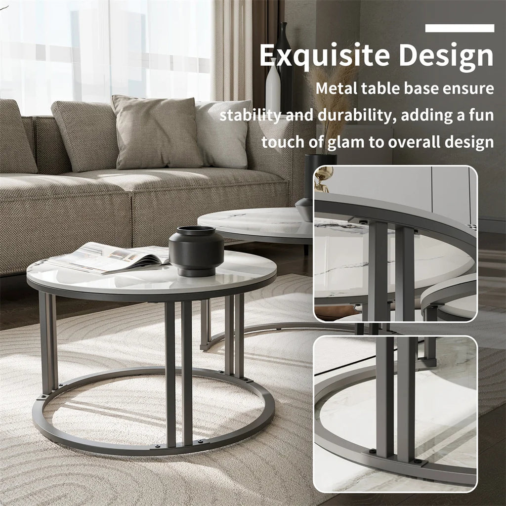 Set of 2 Round Living Room Nesting Table Anti-Rust Outdoor Stacking Center Coffee Table, Small Space Friendly