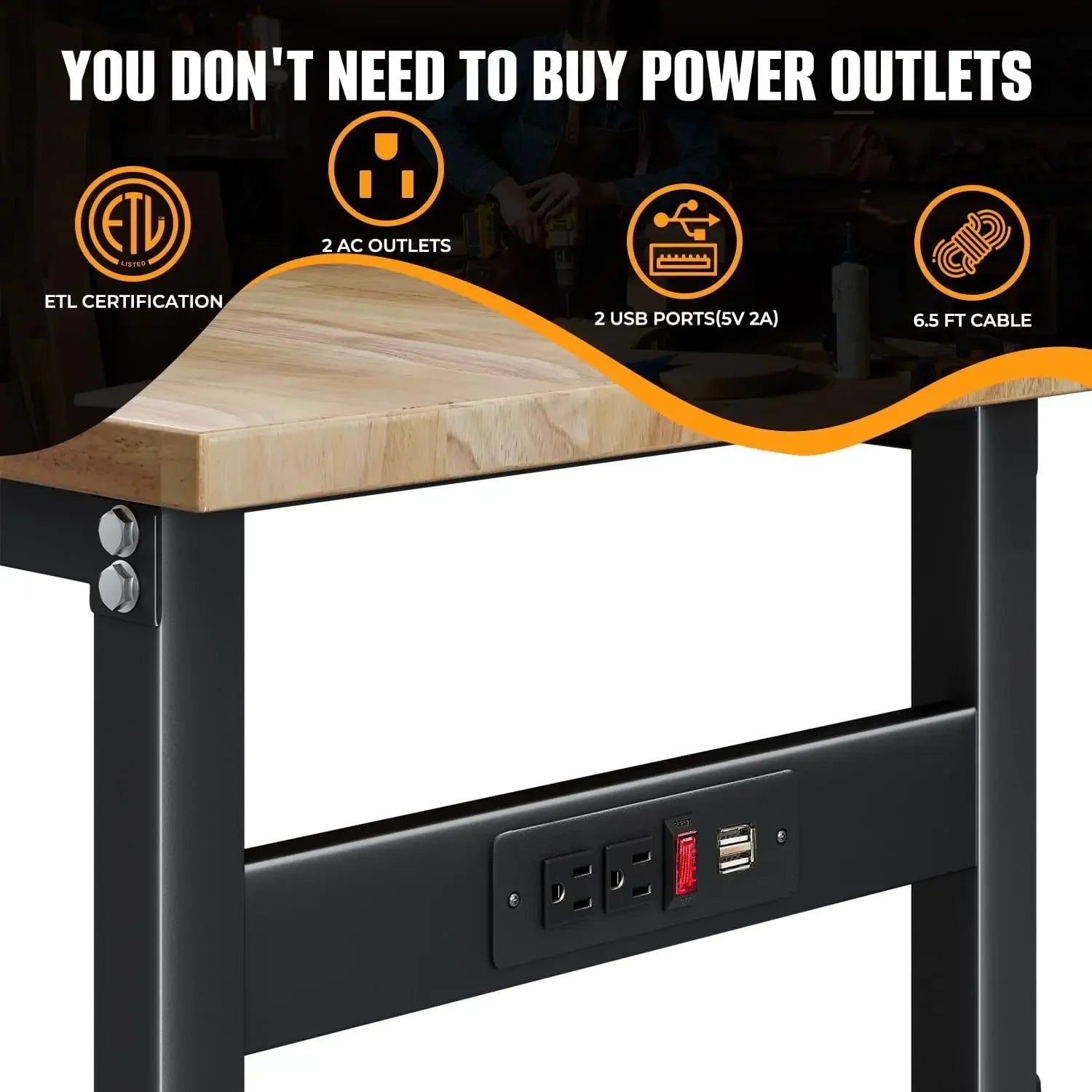 Customizable 48" Adjustable Workbench with Power Outlet, Oak Hardwood Top Heavy Duty Work Bench, Wood Workbench for Garage