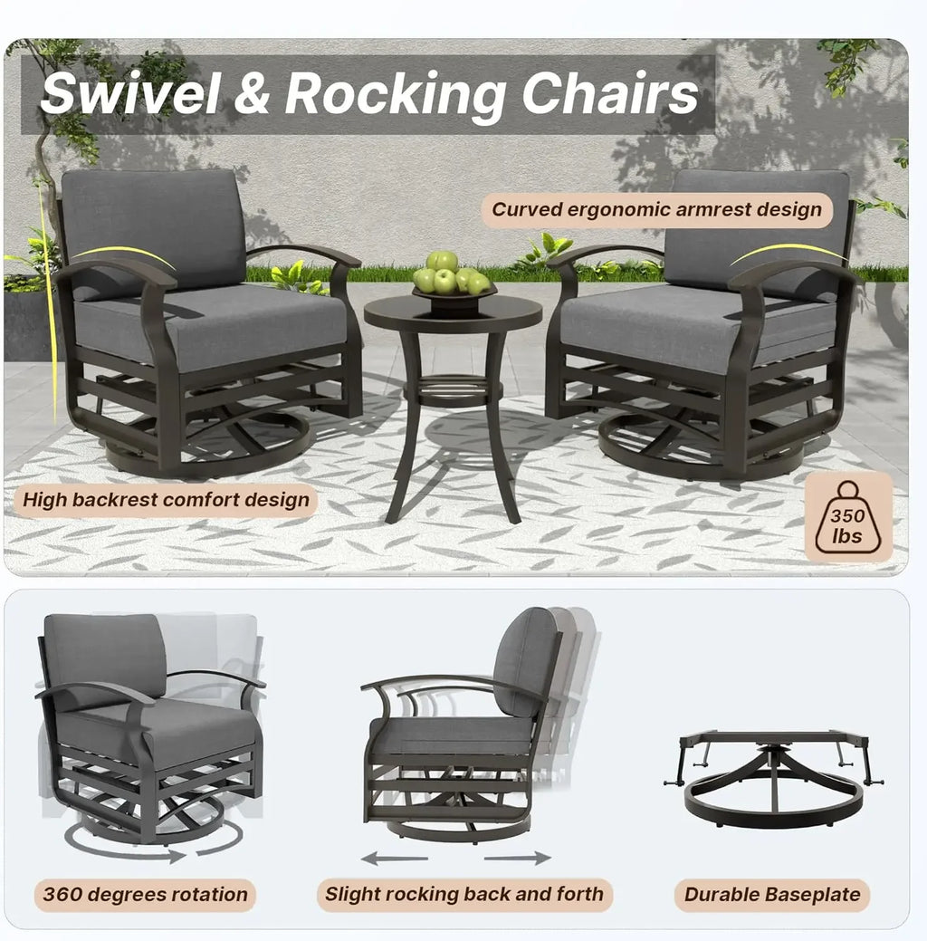 Aluminum Swivel Rocker Patio Chairs w/Thick Cushion, Rocking Chairs with Double Side Table for Balcony Porch/ Patio Pool,