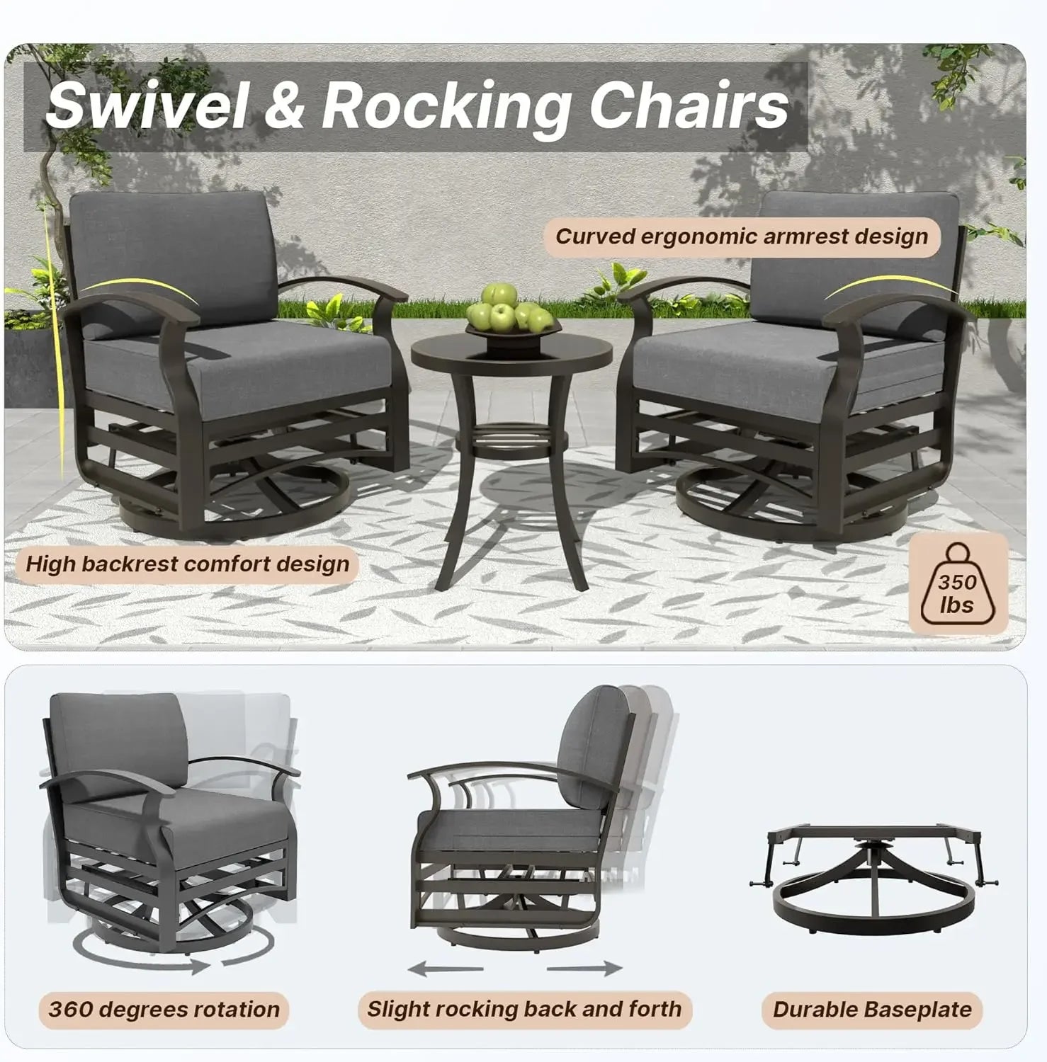 Aluminum Swivel Rocker Patio Chairs w/Thick Cushion, Rocking Chairs with Double Side Table for Balcony Porch/ Patio Pool,