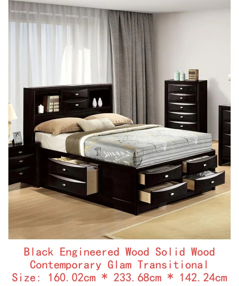 Contemporary King Size Bed with Footboard Drawers & Headboard Bookcase in Cherry Finish