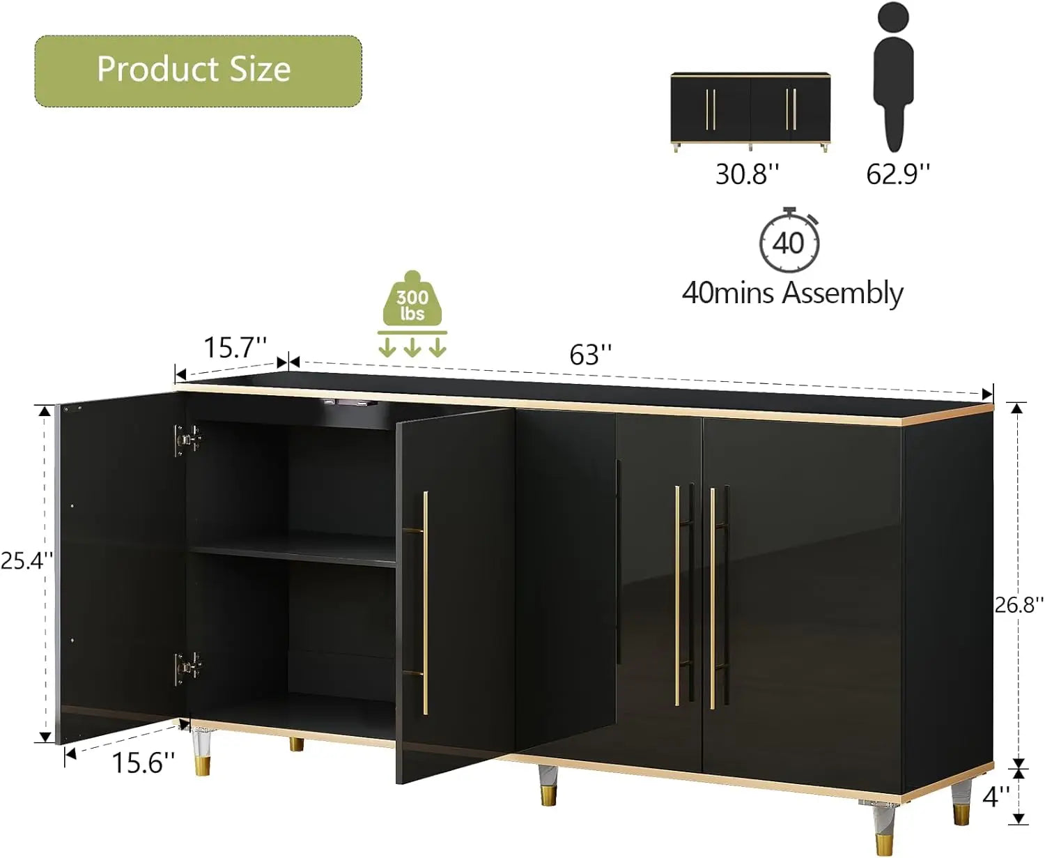 63" Sideboard Buffet Cabinet with Storage, Console Cabinets with Adjustable Shelves & Doors, High Glossy Black