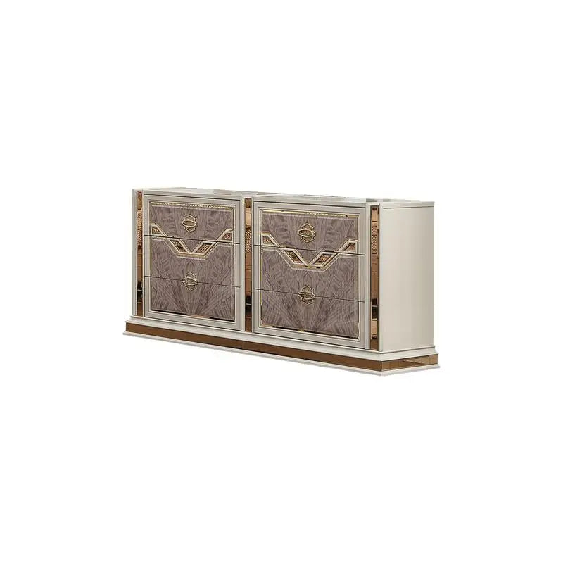 Modern Style 4-Piece Queen Upholstered Bedroom Set with Wood and Gold Accents in Beige
