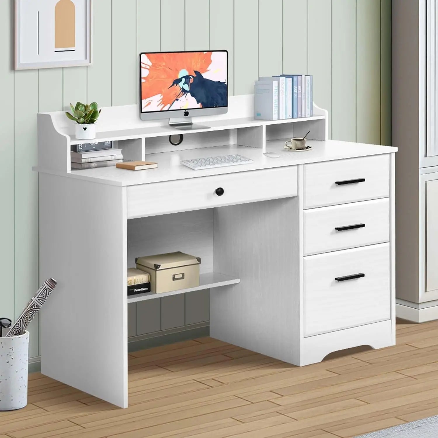 White Computer Desk with 4 Drawers, Hutch & Shelf - Ergonomic Home Office Workstation for Students