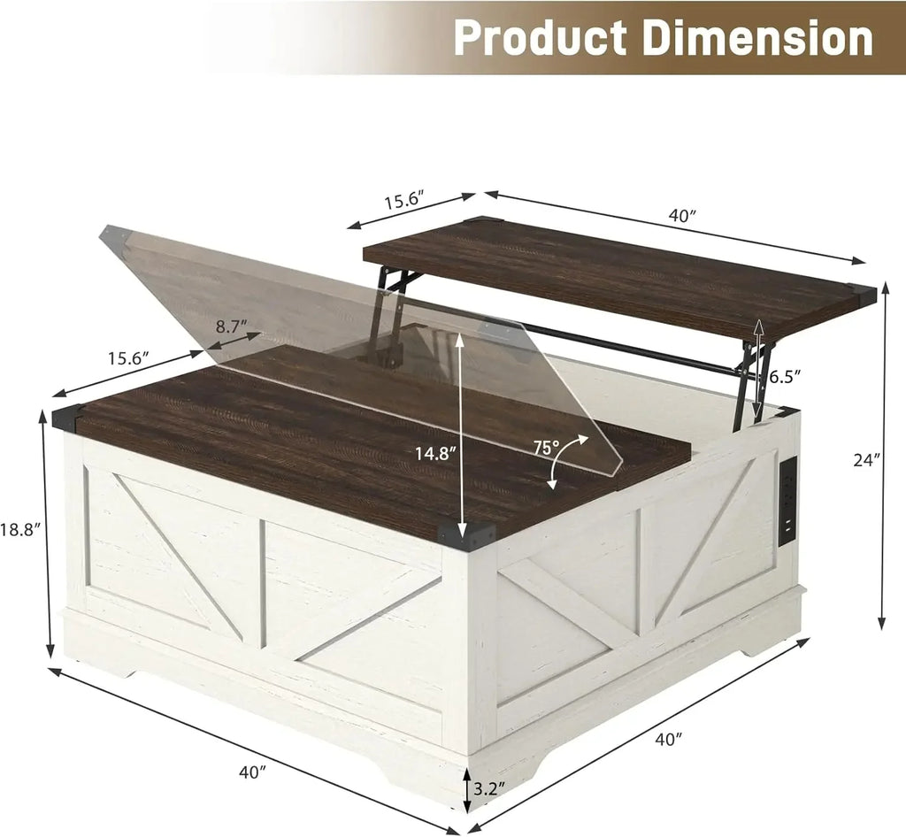 40” Large Farmhouse Lift Top Coffee Table with Power Outlets and Large Hidden Storage, Square Wood Living/Room Tables