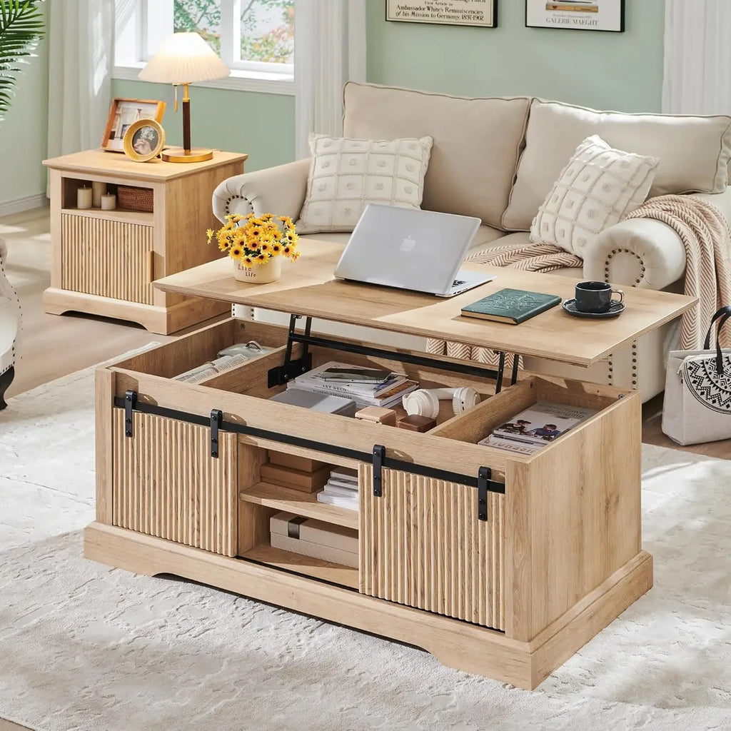 46" Fluted Lift Top Coffee Table with Sliding Door, Modern Center Table w/Adjustable Storage Shelf & Hidden Compartment