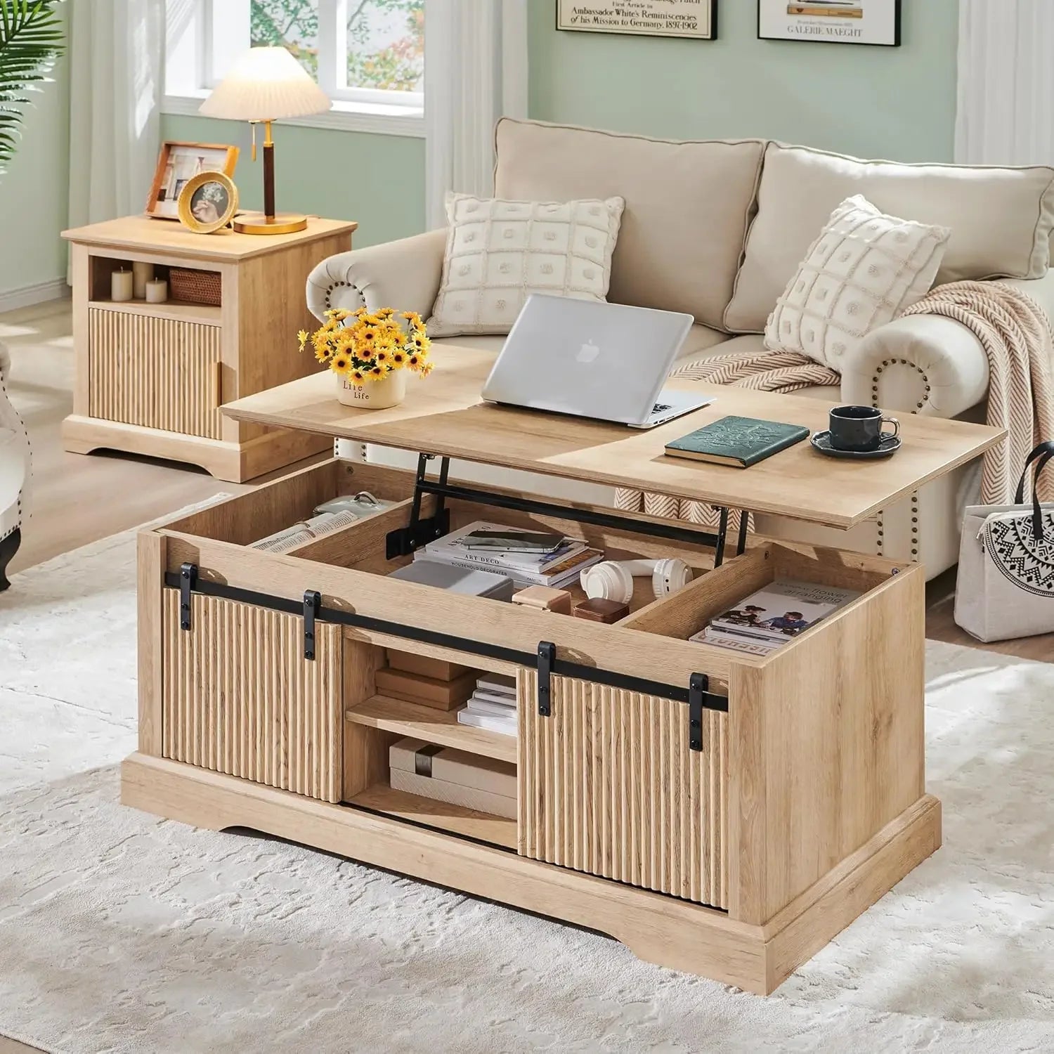 46" Fluted Lift Top Coffee Table with Sliding Door, Modern Center Table w/Adjustable Storage Shelf & Hidden Compartment
