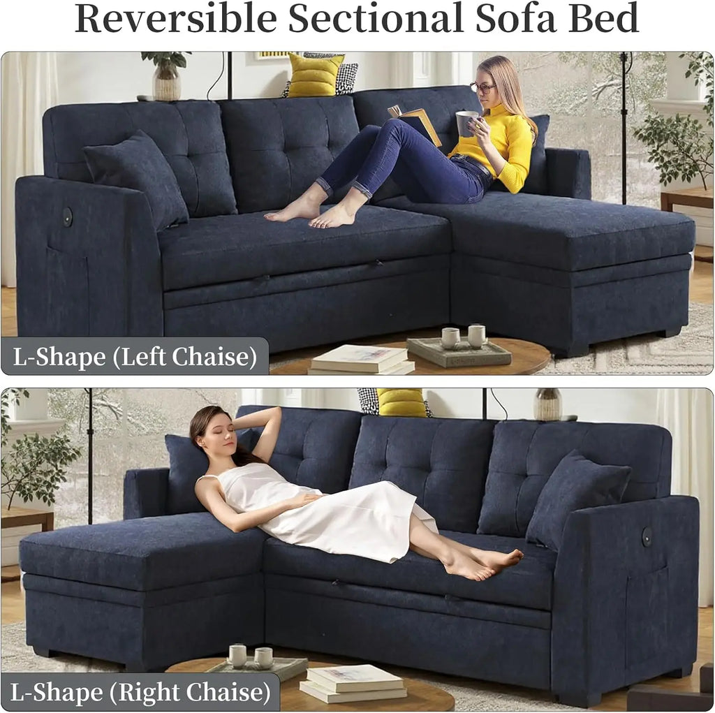 Convertible Sleeper Sofa Bed with L-Shaped Sectional, Reversible Storage Chaise, Dual USB Ports, and Side Pockets